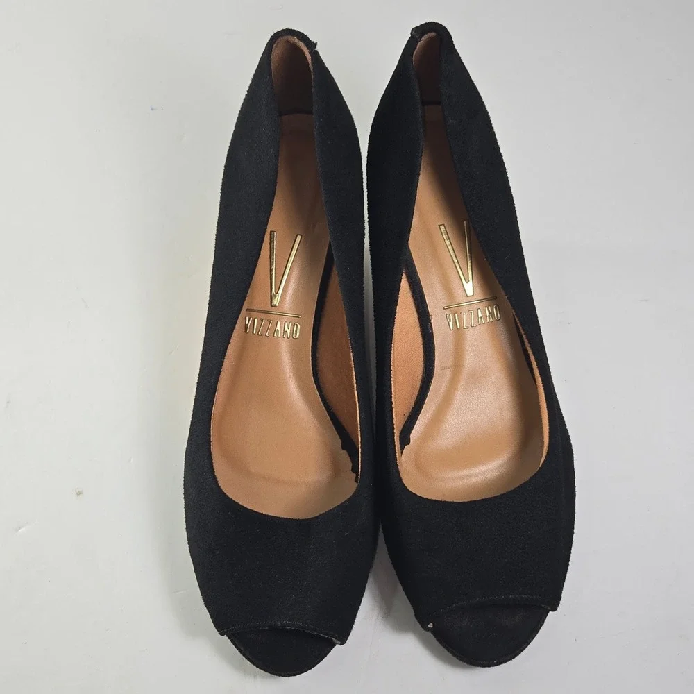 Vizzano Black Suede Peep Toe Wedge Heels Cork Platform Women Size 9 EUR 40